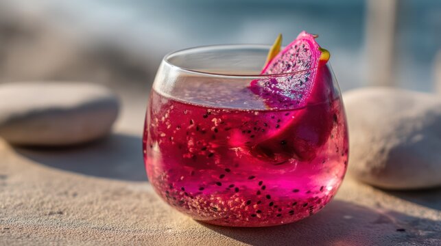 A rounded glass filled with dragonfruit elixir stands on sand-colored stone. A dragonfruit wedge balances elegantly against rim. Bright