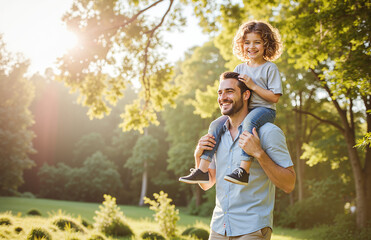 Fototapeta premium Father Carrying Daughter on Shoulders in Sunlit Forest for Father's Day Concepts, Family Bonding Themes, and Parenting Content