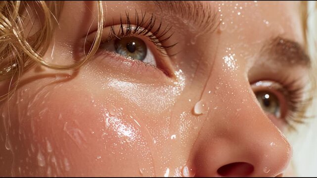 Extreme close up of a sad young woman with beautiful green eyes crying, a tear slowly rolling down her cheek on her flawless skin, representing a moment of deep emotional vulnerability