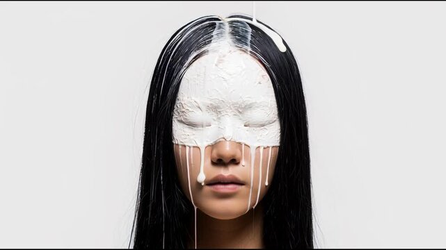 Mysterious woman with flowing black hair stands still as thick white paint pours over her head and face, creating a mask like, dripping portrait against a plain white studio backdrop