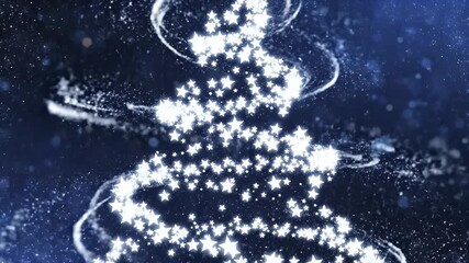 Sparkling Star Christmas Tree - A digital video shows a swirling, abstract Christmas tree formed by sparkling, white stars against a deep blue, cosmic background.