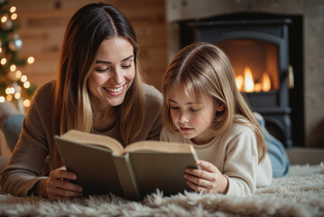 Obraz premium Mother and Daughter Reading by Fireplace – Cozy Winter Evening for Family Bonding Moments and Storytime Inspiration