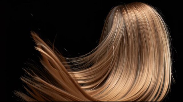 Stunning blonde model with long, straight, glossy hair flowing in the wind against a black studio backdrop, showcasing healthy, salon perfect hairstyle and hair care glamour