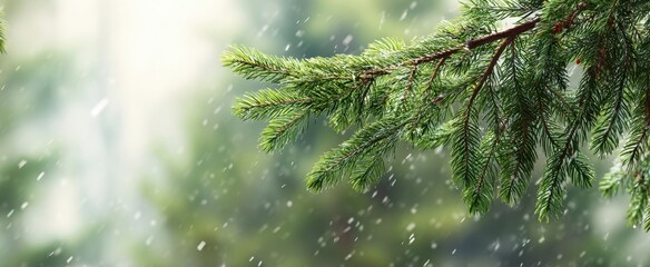 The pine branch lightly dusted with falling snow against a soft green background