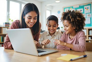 Teacher and Pupils Using Laptop – Engaged Learning in Modern Classroom for Educational Websites and School Marketing