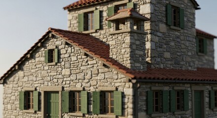 Obraz premium Rustic Mediterranean Stone House Exterior Detail with Terracotta Roof and Green Shutters, ideal for Real Estate, Travel, and Architectural Design Concepts.