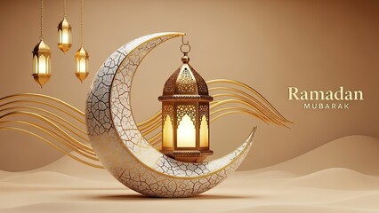 Ramadan Kareem Islamic Crescent Moon and Lantern Decoration.