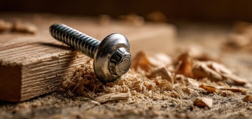 The Screw on Wood Plank Surrounded by Shavings in Rustic Workshop Closeup