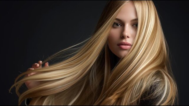 Gorgeous woman with glossy blonde hair blowing in the breeze against a dark studio backdrop, exuding confidence and sensual allure with flawless makeup and healthy shine
