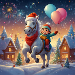 christmas card with horse, santa claus  and gifts