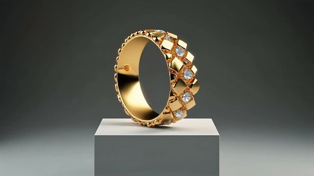 Luxurious gold ring with a unique design featuring several sparkling diamonds, displayed on a minimalist pedestal against a dark background