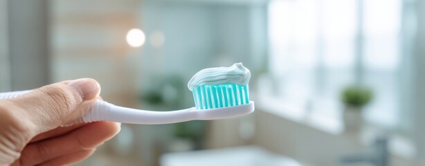 The toothbrush with mint toothpaste held in a bright bathroom morning routine