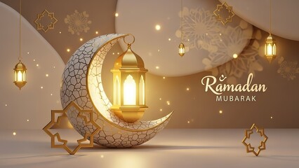Ramadan Mubarak Crescent Moon Lantern and Stars Festive Islamic Greeting.
