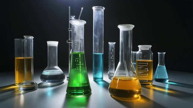 Colorful laboratory glassware arrangement
