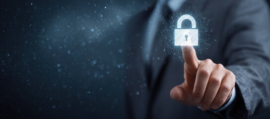 Businessman touches glowing digital padlock icon against dark background.