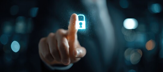 Finger touching glowing digital padlock icon against dark background.