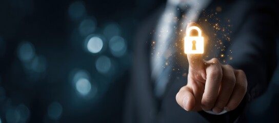Businessman touches glowing digital padlock icon with sparkling light effects.