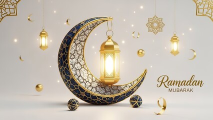 Ramadan Mubarak Crescent Moon Lantern Islamic Celebration Background.