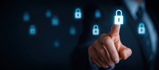 Finger touching glowing padlock icon on dark background