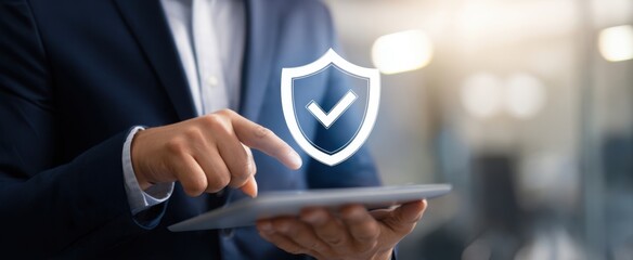 The tablet security shield with checkmark protecting business data and digital privacy