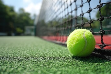 Tennis ball rests by net on green court surface closeup