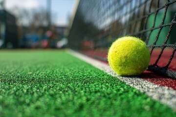 Tennis ball rests near net on green court surface close up.