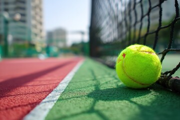 Tennis ball rests near net on green and red court surface.