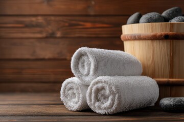 Rolled white towels near wooden bucket with dark sauna stones.