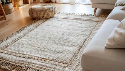 Spacious living room with fireplace, dog, sofa, and light rug