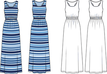 Vector Technical Flat Sketch of Sleeveless Scoop Neck Striped Maxi Dress with Shirred Elastic Waistband: Fashion Apparel CAD Template