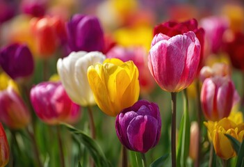 Close up of vibrant multicolored tulips blooming in a sunny garden