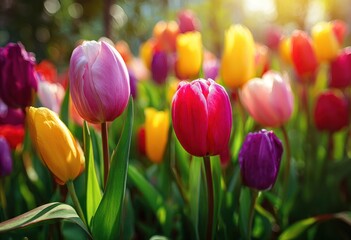 Colorful tulips bloom brightly in a sunlit garden setting