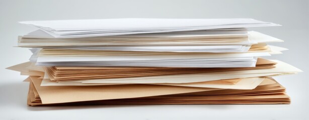 The stack of paper documents and envelopes on a white background