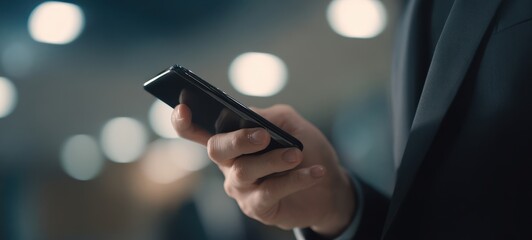 The smartphone in a businessman's hand with blurred bokeh office lights background