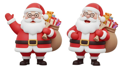 Obraz premium 3D cartoon cute Santa wearing glasses set holding sack of gifts isolated on transparent background, PNG file