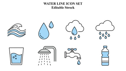 Simple blue and black icons representing various water sources and uses on transparent background