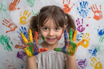 Smiling child shows colorful paint covered hands against handprint background