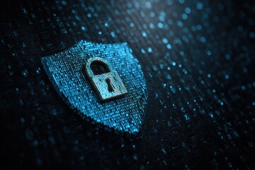 Digital shield with padlock icon on binary code background
