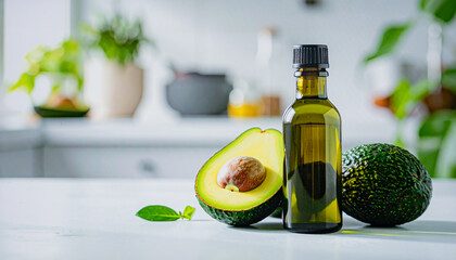 Avocado Oil Bottle with Fresh Avocados in Clean Bright Healthy Lifestyle Kitchen Setting