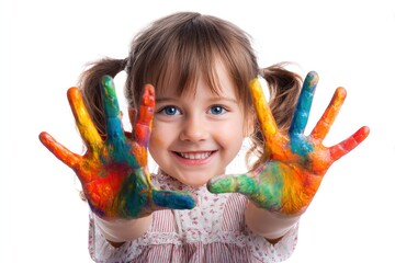 Happy child shows hands covered in bright multicolored paint against white.
