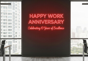 Red neon sign on office wall reads "Happy Work Anniversary. Celebrating 10 Years of Excellence." Large windows show a cityscape view, creating a celebratory mood.