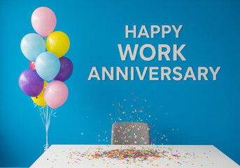 A blue wall with 'Happy Work Anniversary' in white letters, colorful balloons on the left, and confetti on a white table, creating a festive atmosphere."