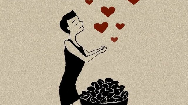 Woman with hearts rising from a bag of seeds illustration on a light background