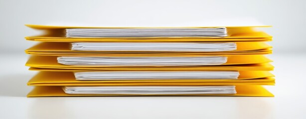 The Stack of Yellow Document Folders with Papers on a Clean White Background