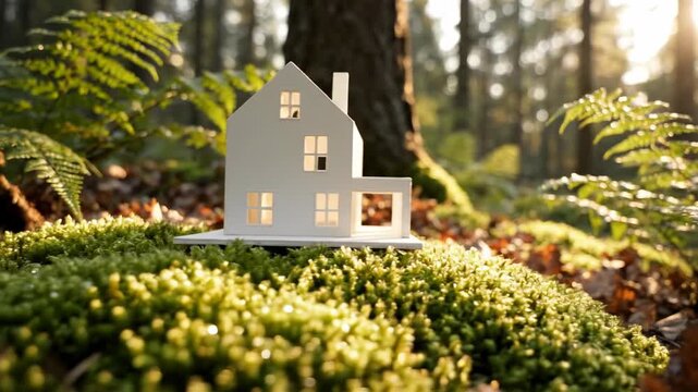Eco-friendly Home in Nature's Embrace: A miniature house model nestles serenely amidst a lush, sun-dappled forest floor, symbolizing harmony between home and environment.
