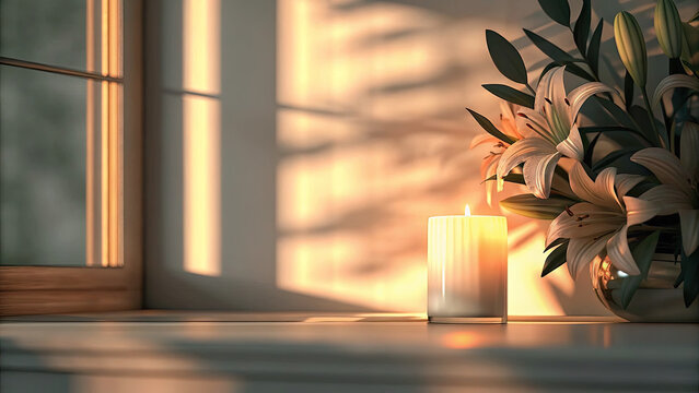 White lilies and candle at funeral sunset concept. A serene indoor scene featuring a candle and flowers by the window.