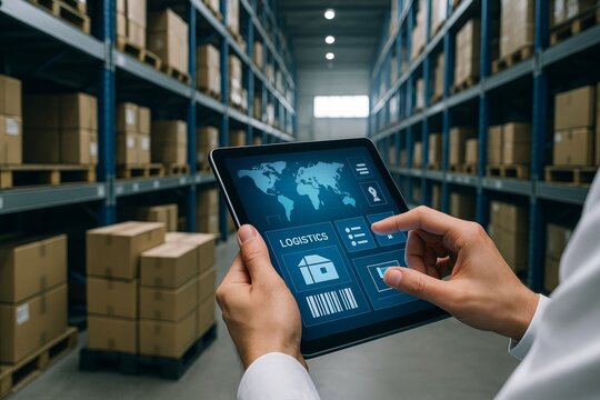 Logistics management system on tablet in warehouse with cardboard boxes on shelves in modern digital supply chain concept in industrial storage facility. Ai generative - Powered by Adobe