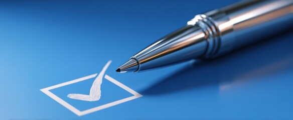 The Pen Marking a Checked Box on Blue Paper in Close-up Studio Lighting