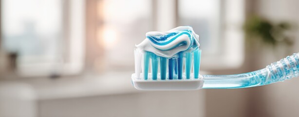 The Toothbrush with Minty Blue Toothpaste Swirl in a Bright Bathroom Closeup