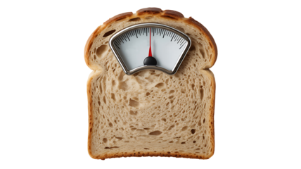 Bread slice with weighing scale meter isolated on white background
